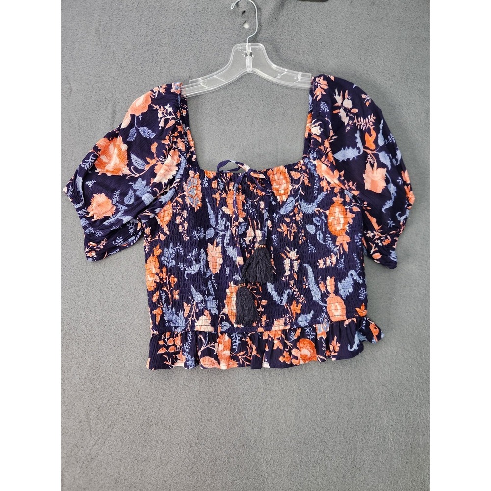 B.O.G. Collective Floral Crop Top M Blouse‎ Gypsy Smocked Blue Boho Festival NWT